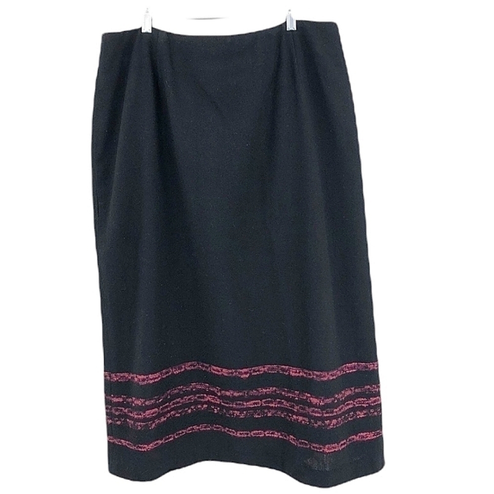 Field Manor Women's 18 Black & Pink Wool Maxi Skirt with Bohemian / Tribal Theme